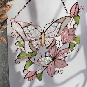 Stained Glass Butterfly Suncatcher: Pink Flowers, Home Decor