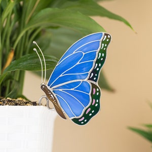 Stained Glass Blue Butterfly Suncatcher: Elegant Home & Pot Decor Gift for Mom