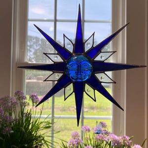 Cobalt Blue Stained Glass Sunface Suncatcher