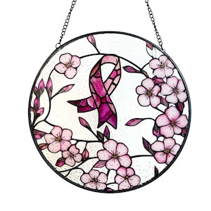 Pink Ribbon Stained Glass Suncatcher: Breast Cancer Awareness Gift