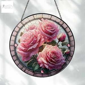 Pink Roses Stained Glass Suncatcher, Floral Suncatcher, Elegant Home Decor, Gift for Garden Lovers, Vintage Roses Ornament, Car Hanging