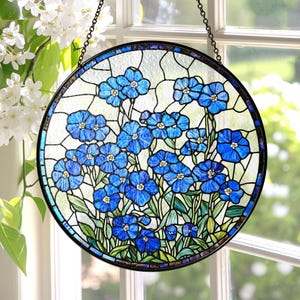 Forget Me Not Stained Glass Suncatcher, Botanical Window Hanging, Blue Floral Stained Glass, Spring Home Decor, Gift for Mom, Flower Lover