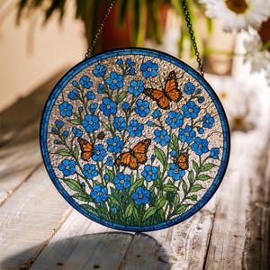 Forget Me Not & Monarch Butterfly Glass Suncatcher: Blue Wildflower Window Hanging