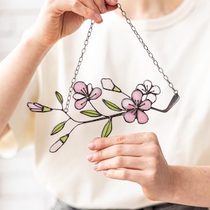 Cherry Blossom Stained Glass Suncatcher – Pink Sakura Branch Window Decor – Spring Japanese Floral Gift Birth flower