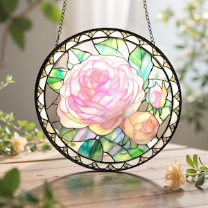 Pink Rose Flower Stained Glass Suncatcher, Rose Window Hanging, Valentines Day Rose Gifts for Wife, Anniversary gift, Birthday Gift