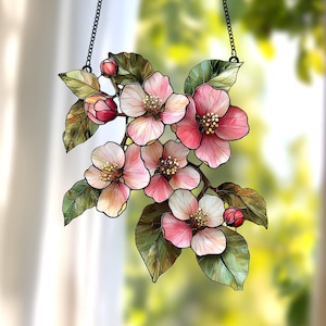 Pink Blossom Floral Acrylic Suncatcher – Faux Stained Glass Window Hanging with Spring Cherry Blossoms, Elegant Nature Decor Gift for Her