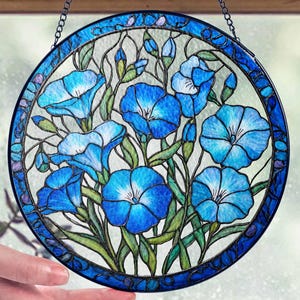 Blue Morning Glory Flower Glass Suncatcher, September Birth Flower Suncatcher, Blue Floral Window Hanging Decor, Botanical Garden Decor
