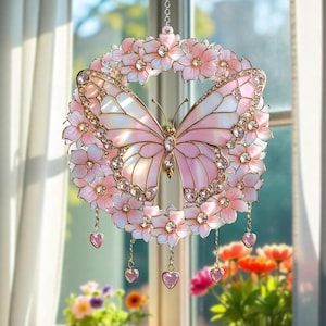 Pink Butterfly Crystal Stained Acrylic Suncatcher – Handmade Window Hanging