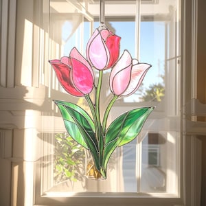 Faux Stained Glass Pink Tulip Bouquet, Acrylic Window Suncatcher, Spring Flower Gift, Mother’s Day Window Hanging