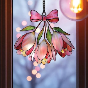 Pink Bell Flower Faux Stained Glass Suncatcher: Floral Window Decor