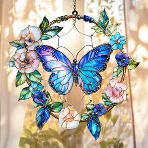Blue Butterfly Floral Acrylic Suncatcher – Handmade Faux Stained Acrylic Window Hanging