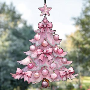 Pink Christmas Tree Acrylic Suncatcher, Faux Stained Glass Holiday Window Hanging With Ornaments And Glitter Bows