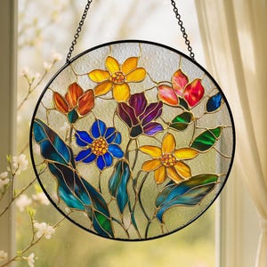 Framed Glass Pink Flower Suncatcher, Botanical Window Hanging, Stained Glass Style Floral Decor, Garden Inspired Home Accent, Gift for Natur