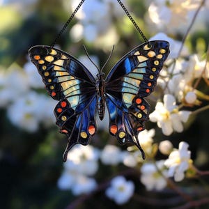 Blue Swallowtail Butterfly Stained Glass Suncatcher – Iridescent Window Hanging, Nature-Inspired Home Décor